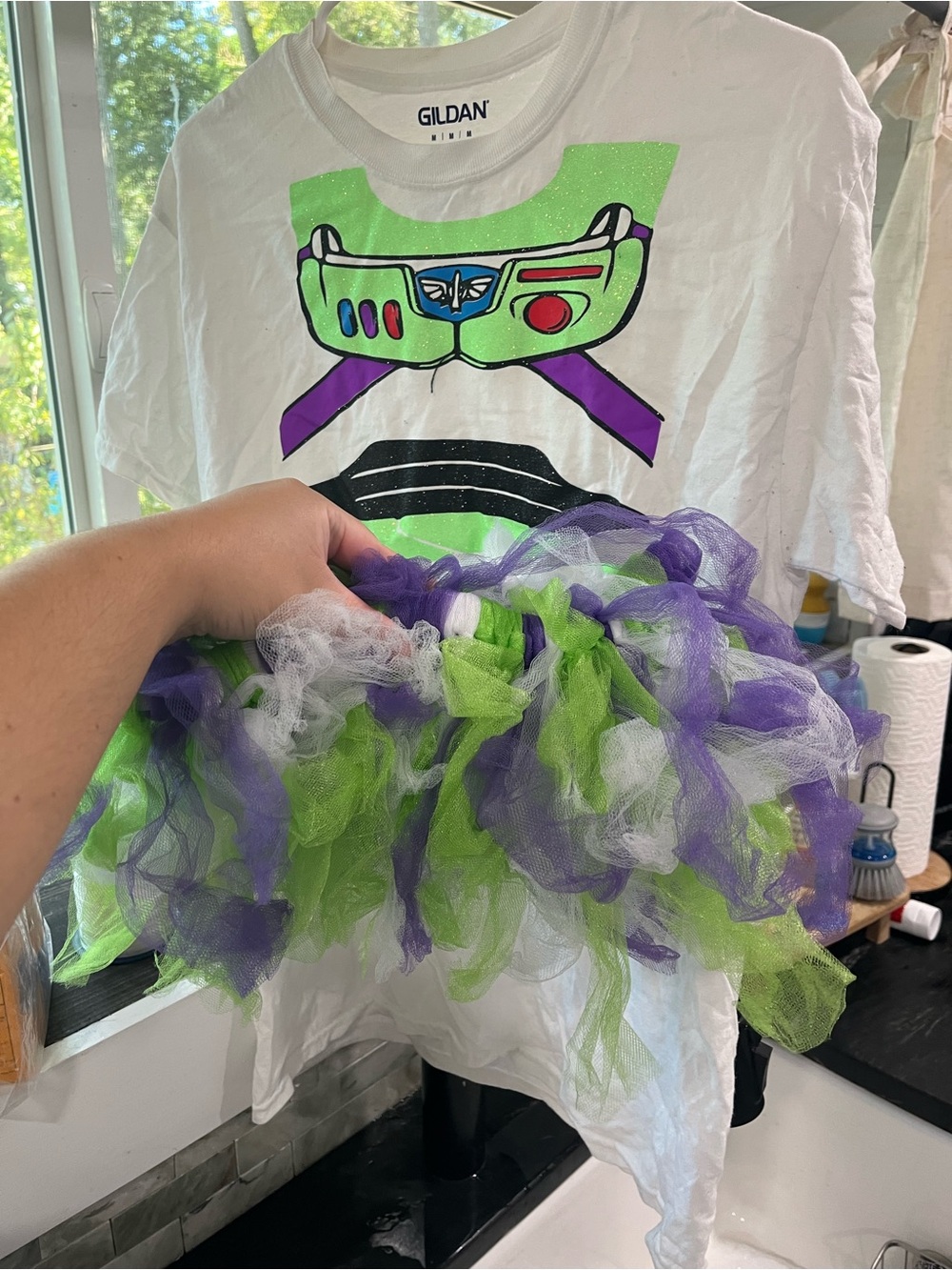 Gildan Woman's White Buzz Lightyear Costume Shirt with Green & Purple Tutu